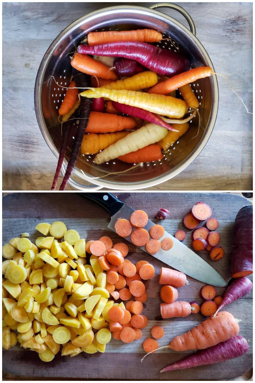 Two images. The top is looking down on a stainless steel strainer full of whole rainbow carrots. The second shows those rainbow carrots (yellow, orange, and purple) cut into small round slices on a cutting board.