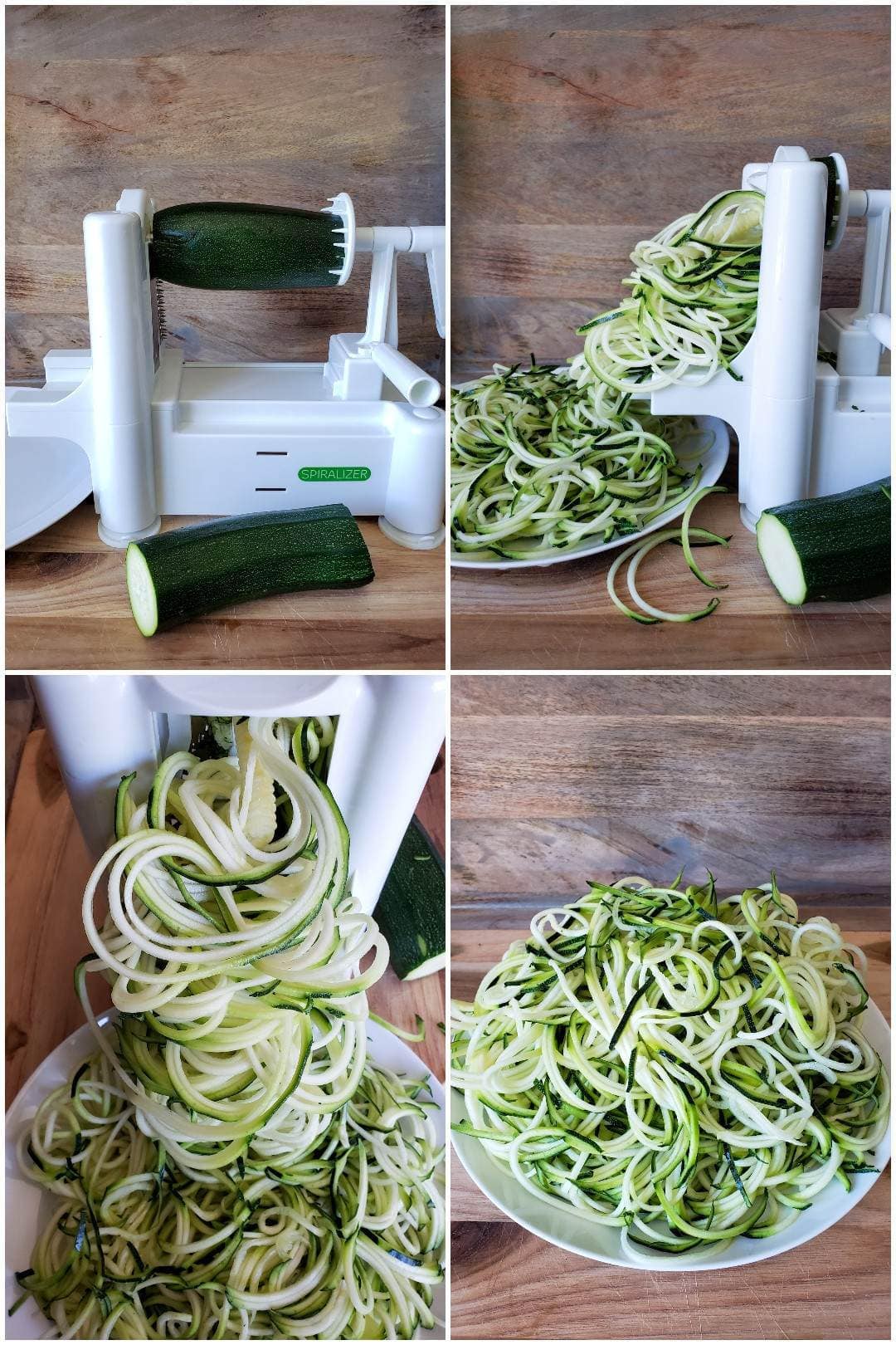 A four way picture collage showing a cut zucchini on the Spiralizer, ready to be made into zoodles. The next two photos show the process of the Spiralizer turning the whole zucchini into long strands of spaghetti like noodles. The final photo displays a plate that is overflowing with zucchini noodles.