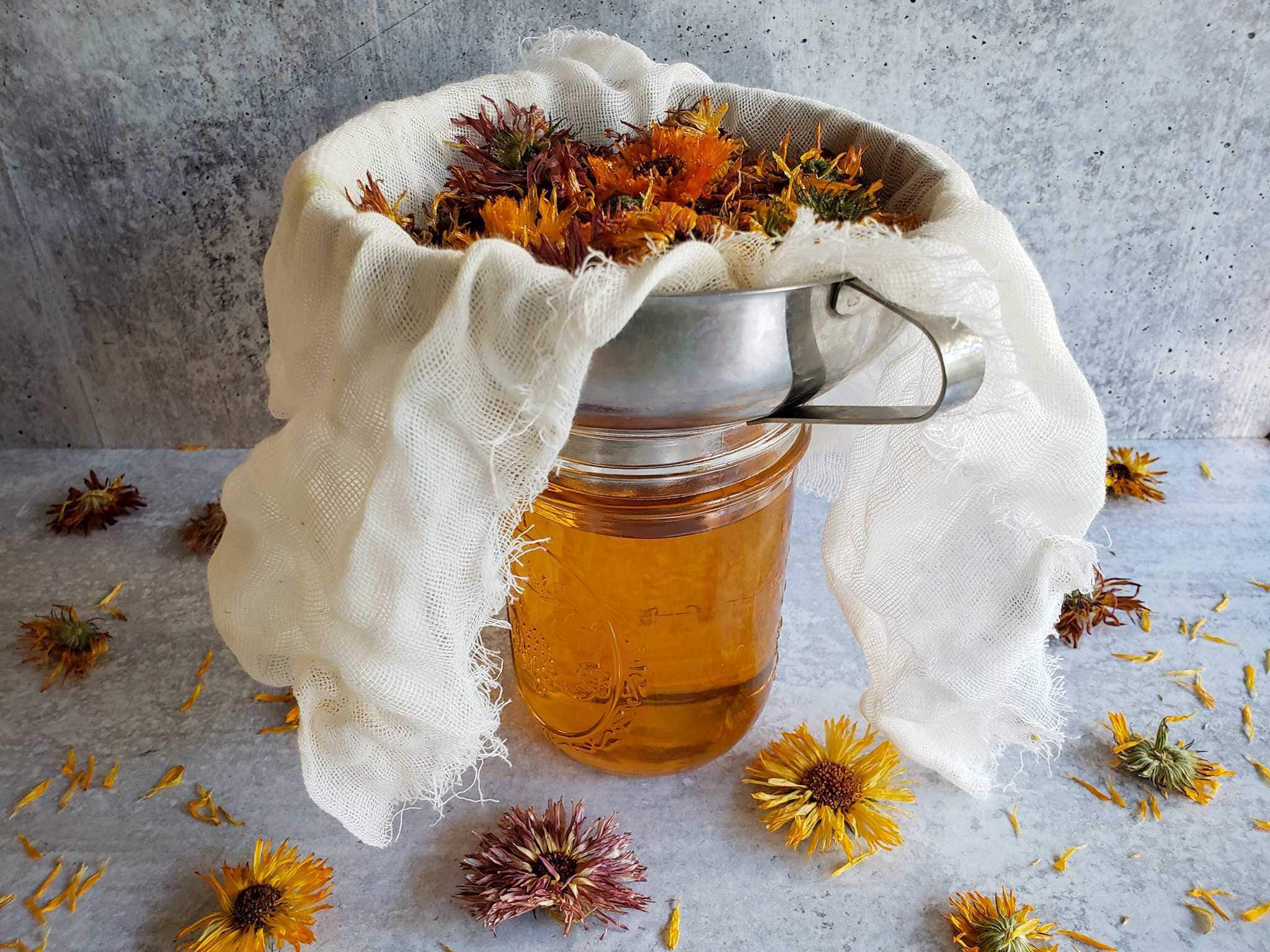 A pint mason jar is shown full of calendula infused oil. A stainless steel funnel sits atop the jar, there is cheesecloth lining the inside of the funnel and calendula flowers have been strained out from the oil that is now in the jar. Dried calendula flowers litter the area around the jar.