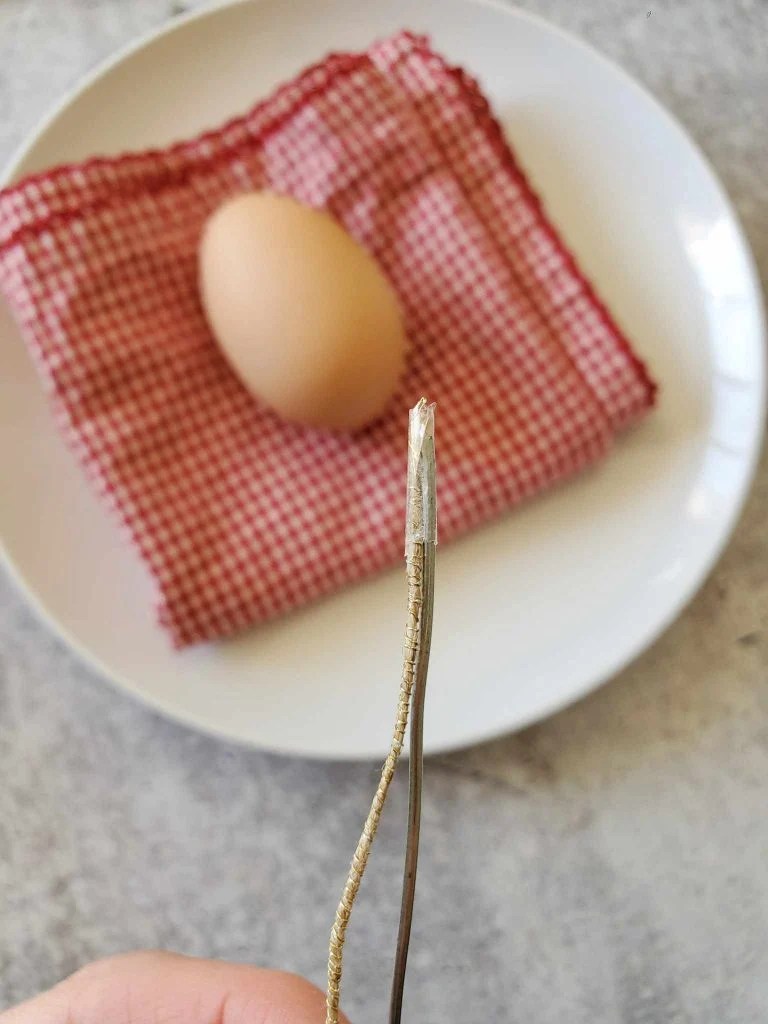 DeannaCat is holding a piece of wire that is attached to a piece of twine by a piece of tape on the top of each end.  An egg lies below on a red and white striped cloth sitting on a white plate.
