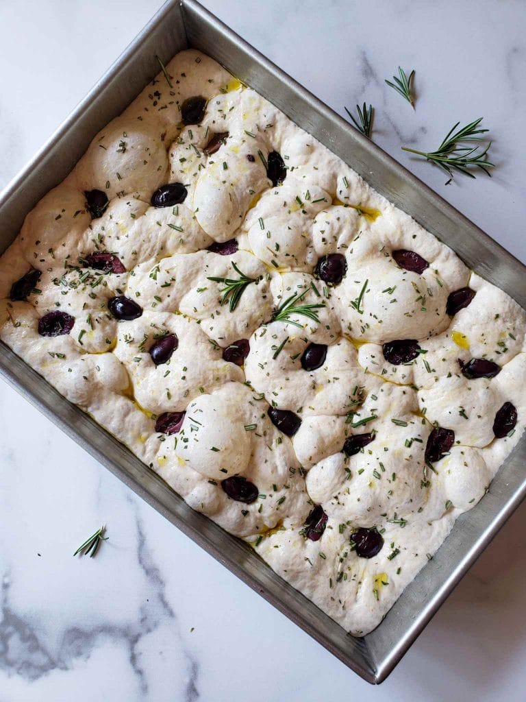 A baking pan full of sourdough focaccia that has been dressed with olive oil, coarse sea salt, kalamata olives, and fresh chopped rosemary which are all great sourdough add-ins. The next step is to bake it!