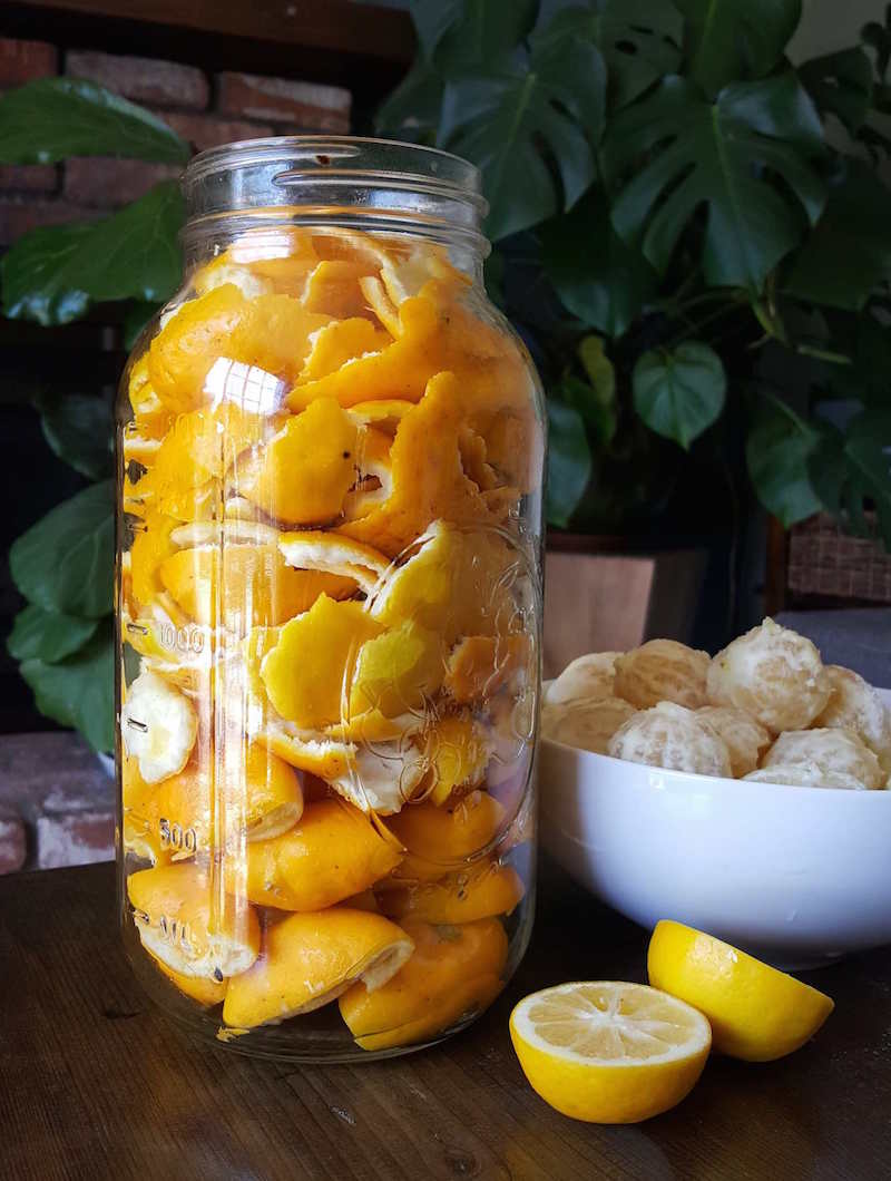 A half gallon mason jar full of lemon peels is sitting next to a white ceramic bowl full of lemons that have been peeled. A lemon that has been sliced in half along its equator is on display if front of the jar and bowl.