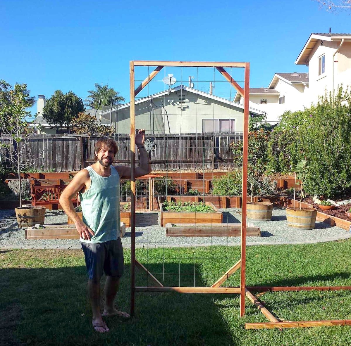 Aaron is standing next to a large wooden frame with concrete remesh attached along the inside for vining plants.