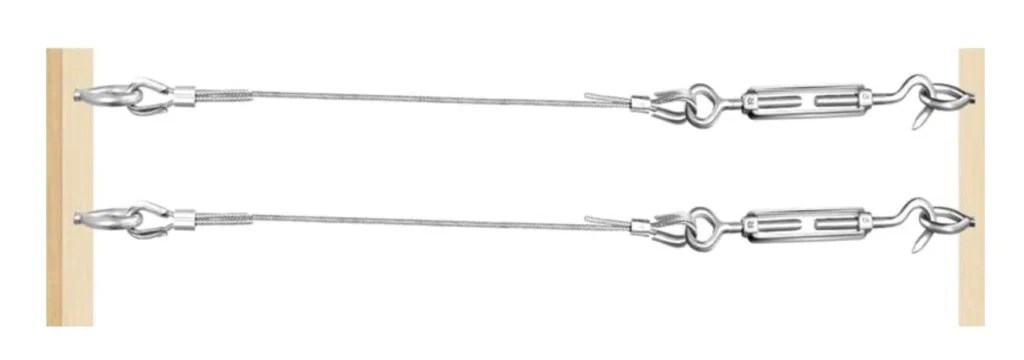 A computed generated image showing a wire cable suspended between two pieces of wood. On one end there are two eye hooks that are connected to the wire by the wire forming a loop through the eye hooks and secured with a ferrule. On the other side there are two eye hooks that are connected to a turnbuckle tension tightener which has a wire loop through one end that is secured with a ferrule.