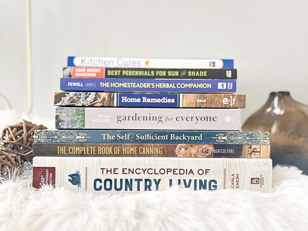 homesteading books on shelf