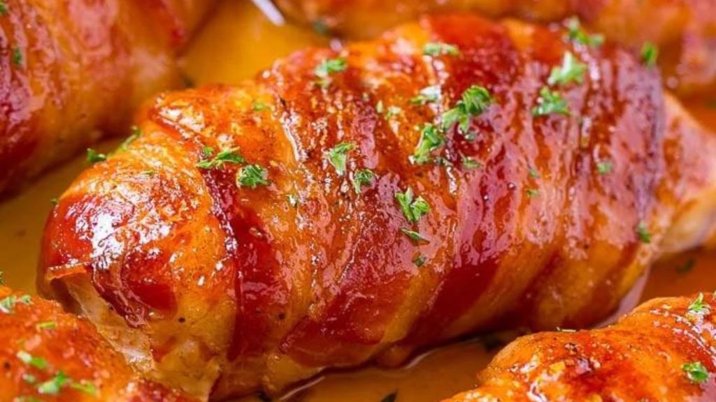 Bacon wrapped chicken breast with sauce in a skillet.