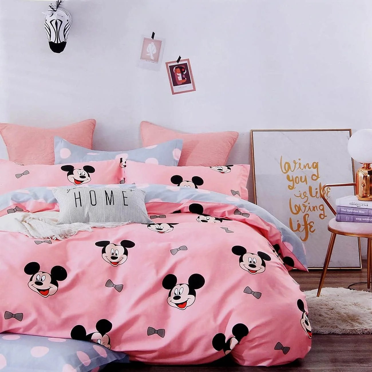 Multi Color Double Bed Sheets with 2 Pillow Cover (Micky Mouse Pink