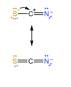 The Formula Of The Thiocyanate Ion Is Scn^-. A) Draw Two Lewis Formulas For This Ion, One With Two Double Bonds And One With A Single Bond And A Triple Bond. B)