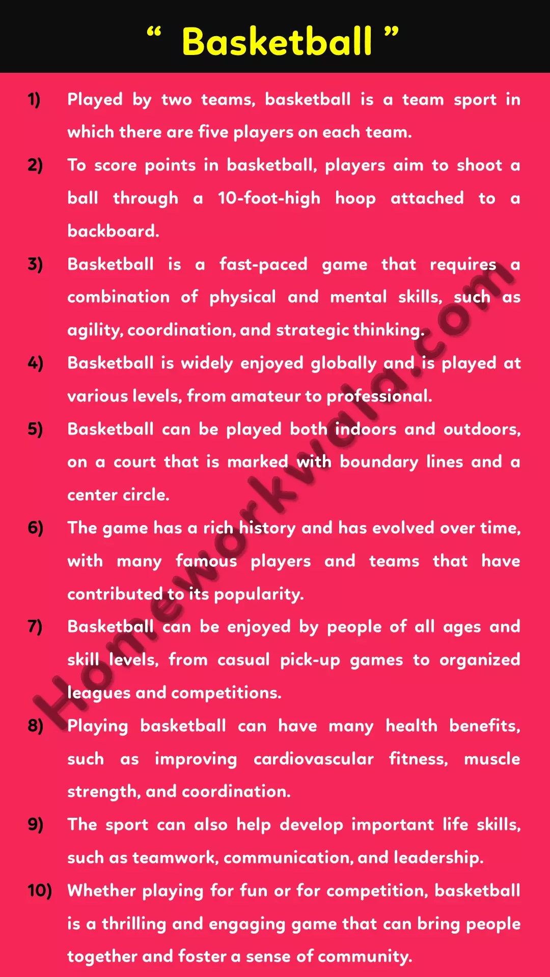 10 lines on my favourite game Basketball For class 2,3,4,5