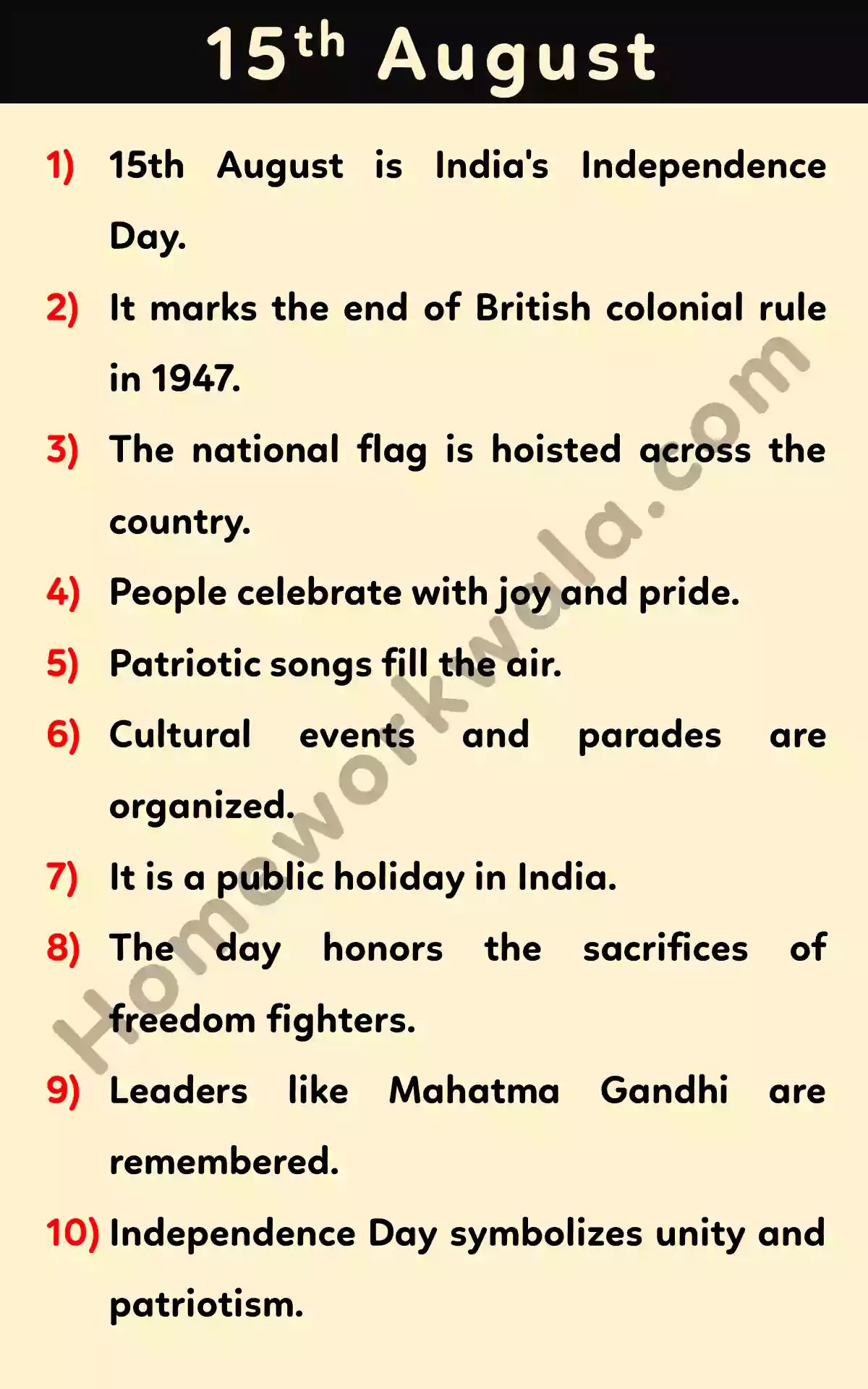 10 lines on 15th August for class 1,2,3,4 Independence Day