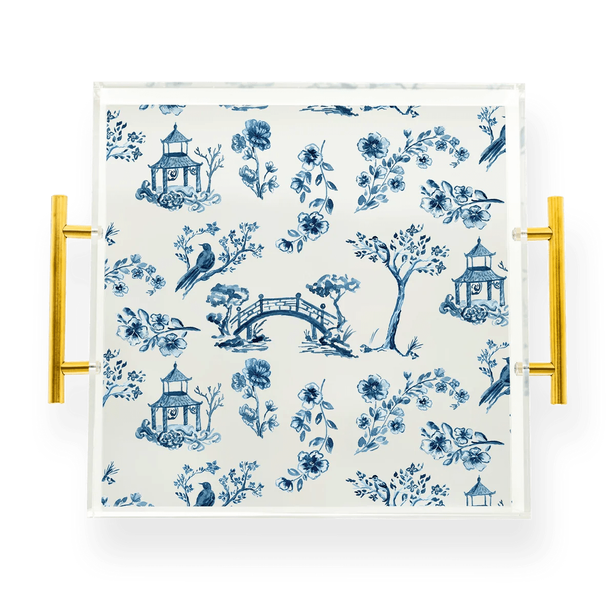 CHINOISERIE ACRYLIC Tray Gold Handles Honeysuckle Rose Boutique