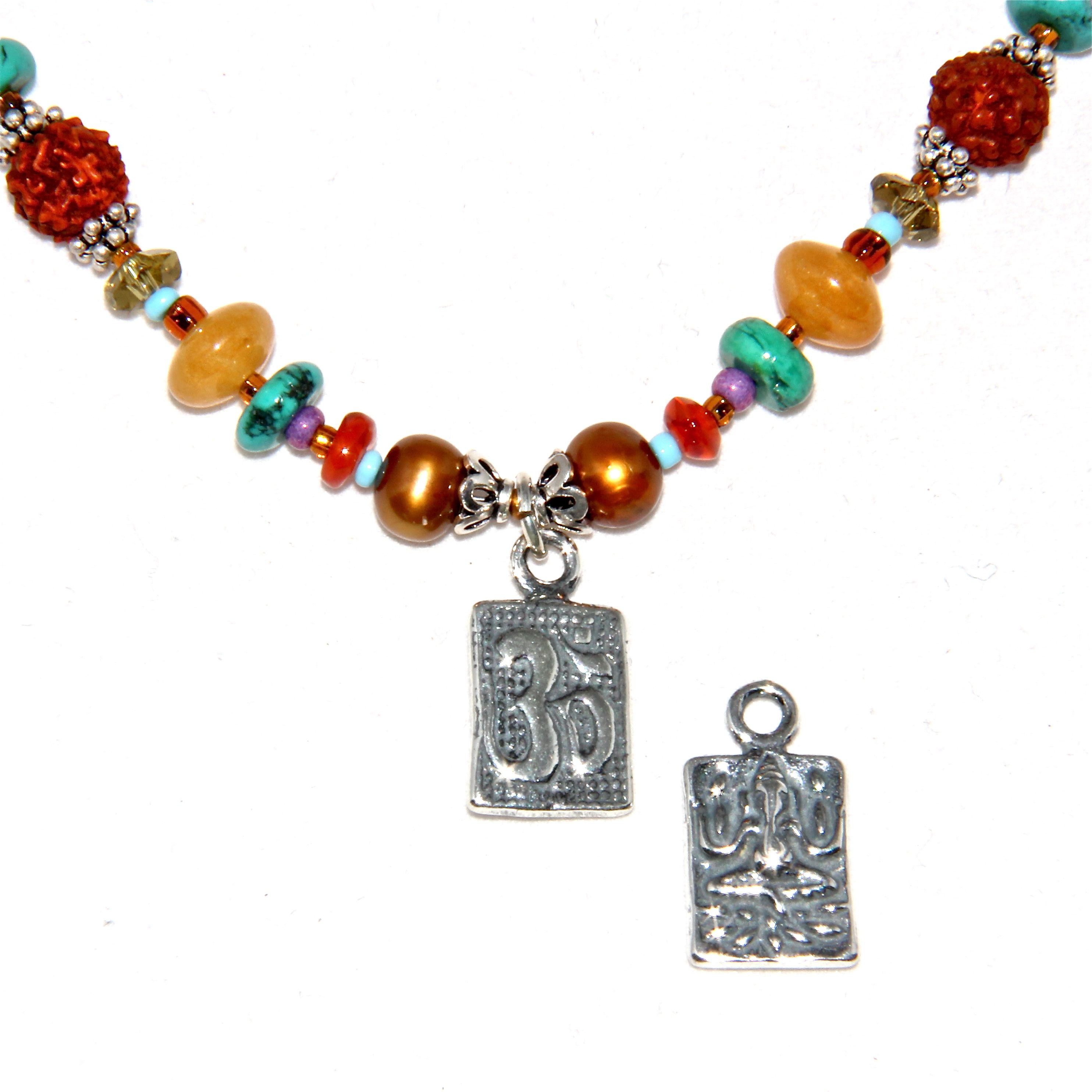 Colorful Rudraksha Om/Ganesh Necklace Honoring the Sacred