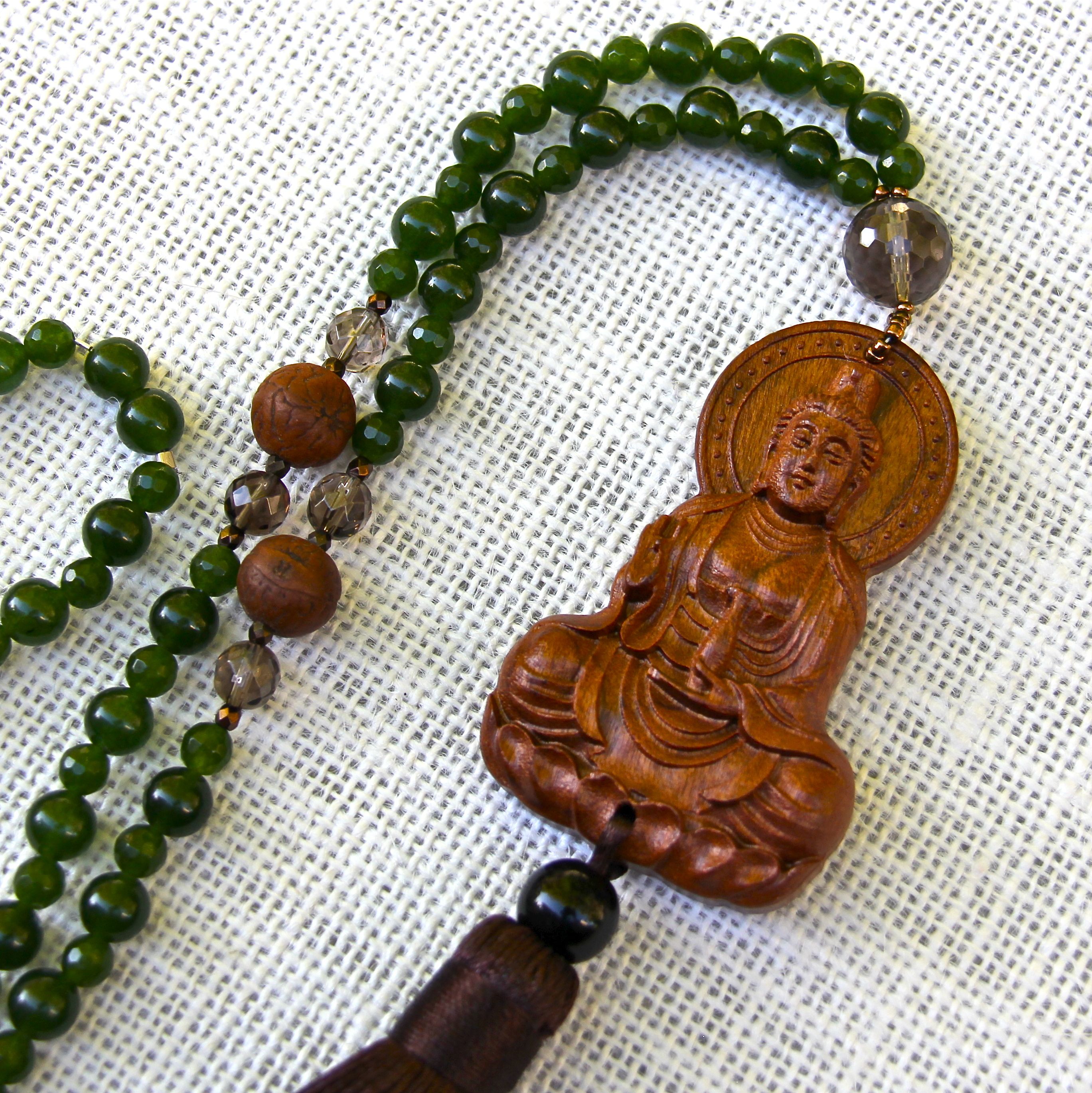 Jade and Carved Kuan Yin 108 Mala Honoring the Sacred