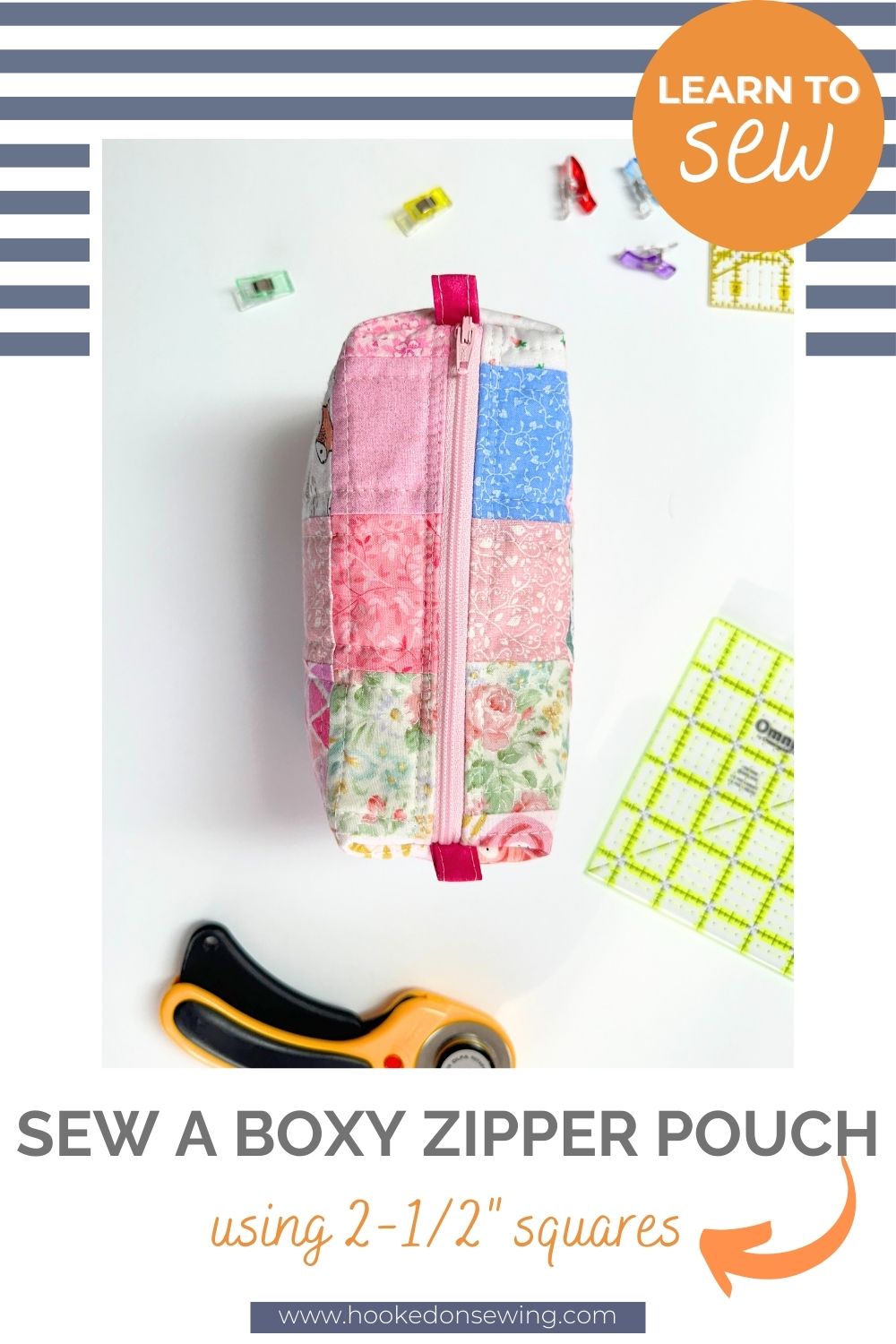 Boxy Zipper Pouch Tutorial Using 21/2" Fabric Squares Hooked on Sewing
