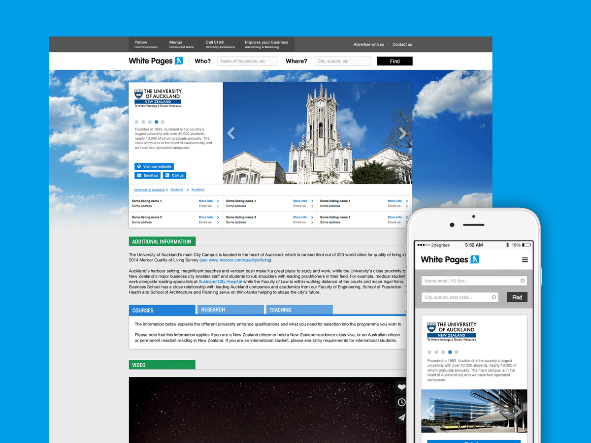 hopking.io portfolio White Pages NZ ui design, frontend