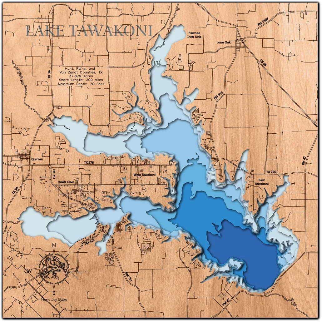 Lake Tawakoni in Hunt, Rains, and Van Zandt Counties, TX Horn Dog Maps