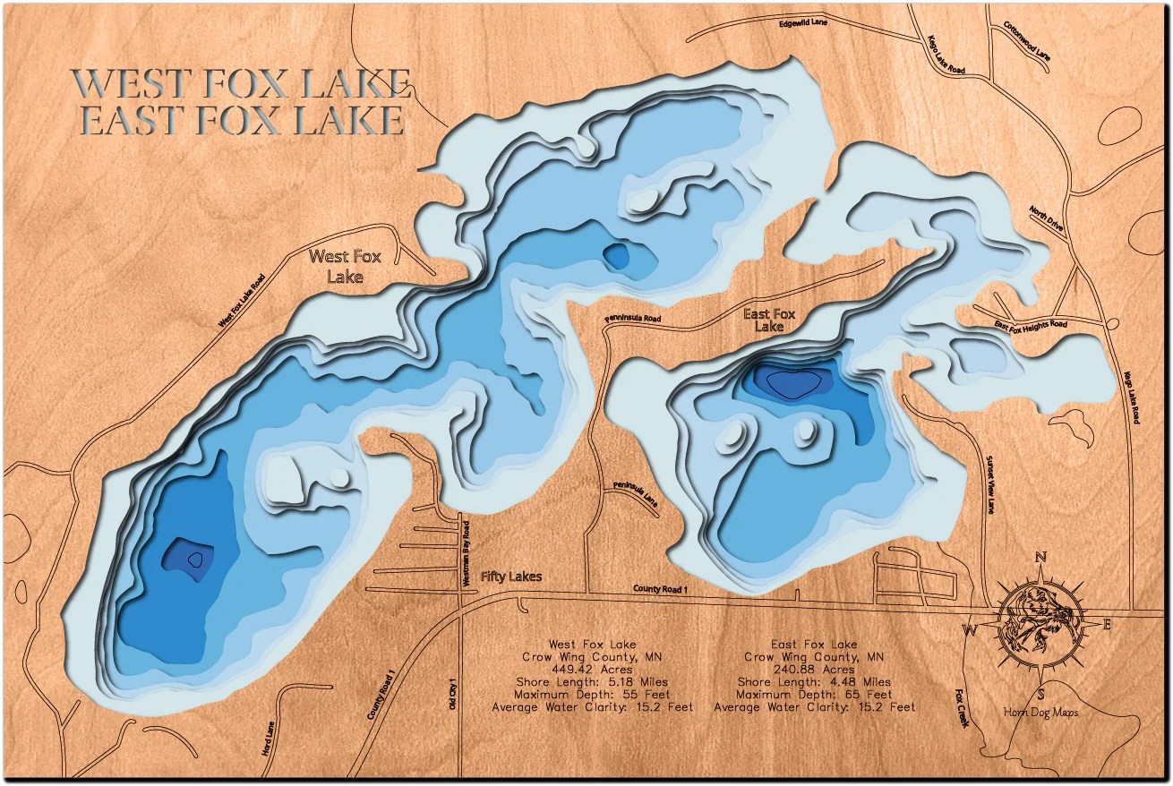 West Fox Lake and East Fox Lake in Crow Wing County, MN Horn Dog Maps