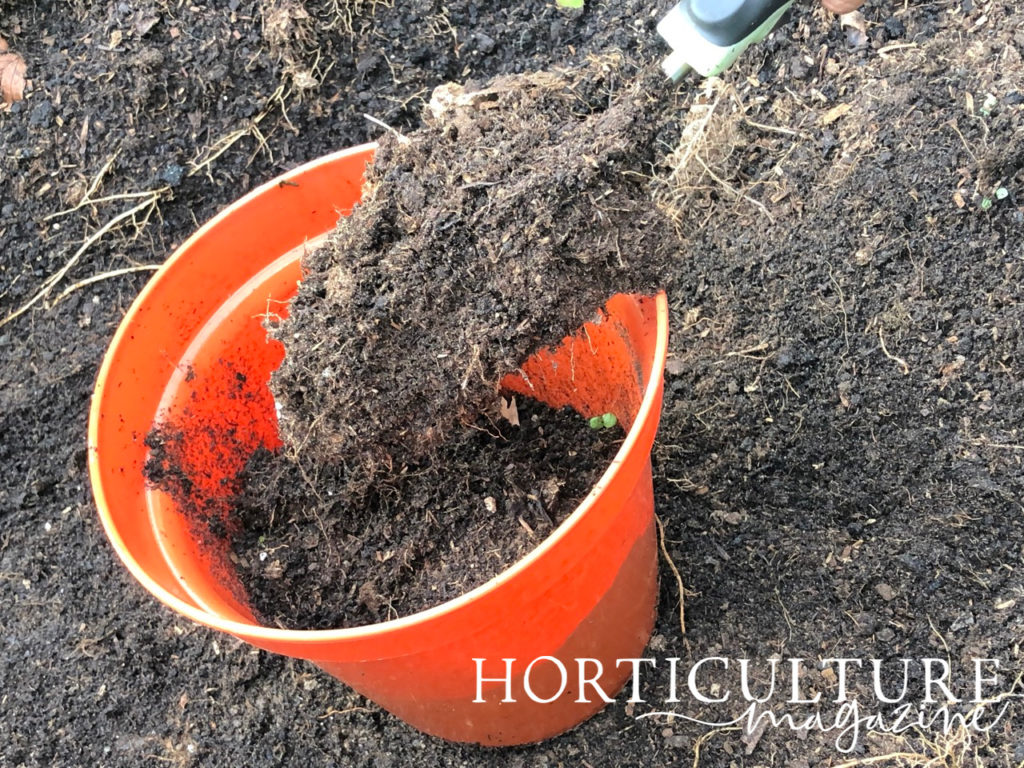 trowel shovelling compost into a bright orange pot