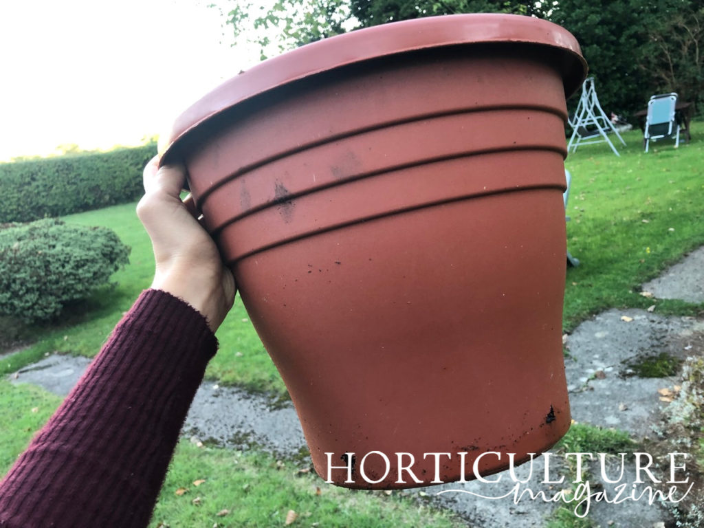 hand holding a large terracotta coloured container in front of a large garden