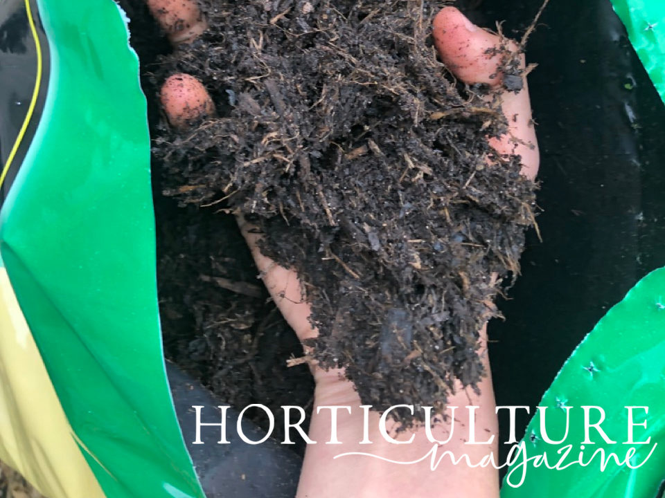 a handful of compost that has been lifted from the large bag it came from