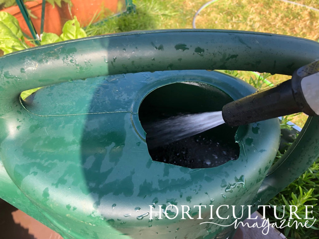 filling up a watering can with water from a hose pipe