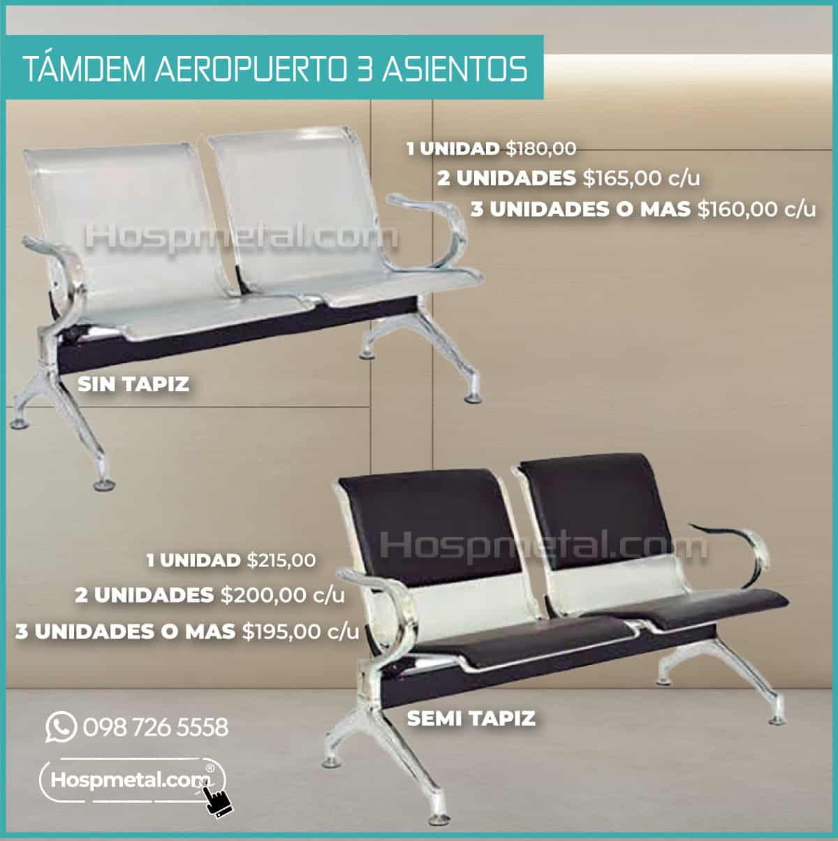 Tandem Cromado 3 Asientos ModA1 Muebles Médicos Hospmetal Quito