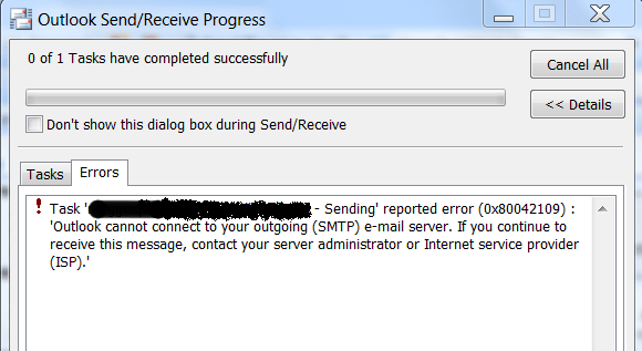 Error (0x80042109) Outlook cannot connect to your outgoing (SMTP) e
