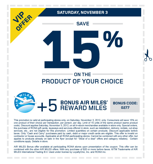Rona VIP Coupon Save 15 Off One Product + 5 Bonus Air Miles Hot
