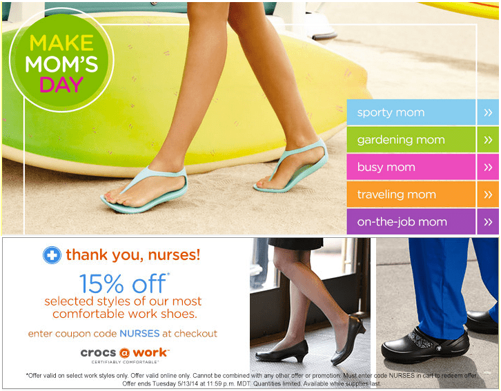 Crocs Canada Mother's Day Offers Take 5 OFF + FREE Shipping, Thanks You Nurses Coupon code 15