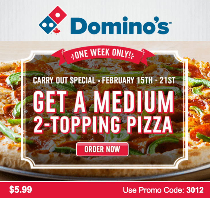 Domino’s Pizza Canada Offers Get A Medium 2Topping Pizza For Only 5.99 With Promo Code