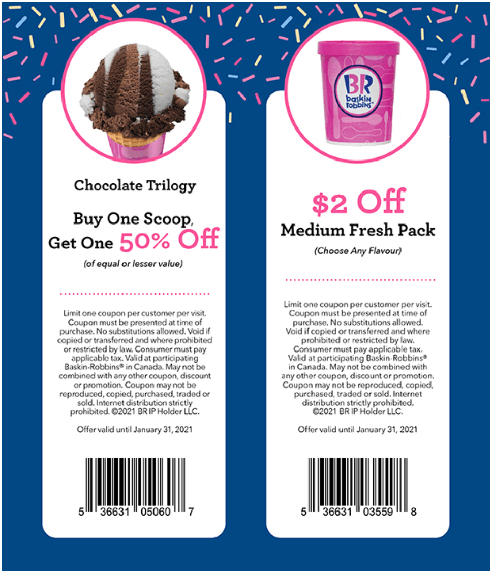 Baskin Robbins Canada Januaruy Coupons BOGO 50 Off Scoops + 2 off