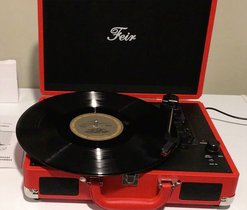 Feir Portable Vinyl Briefcase Turntable With Built In Stereo Speakers