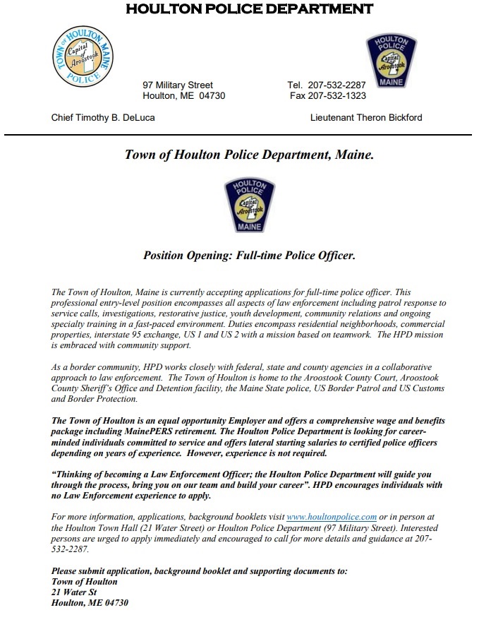 Current Job Openings Houlton Police Department