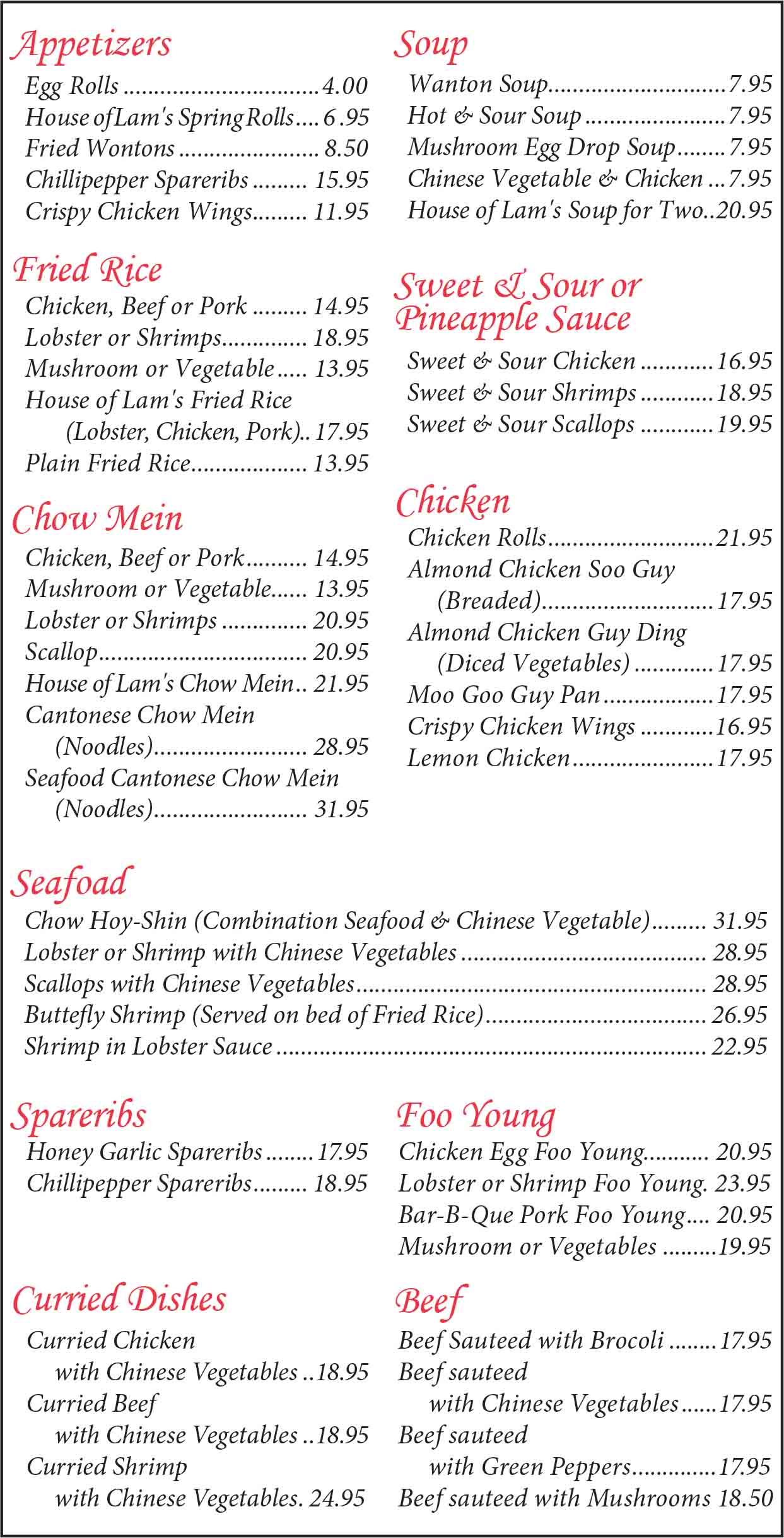 TakeOut Menu House of Lam Chinese Food