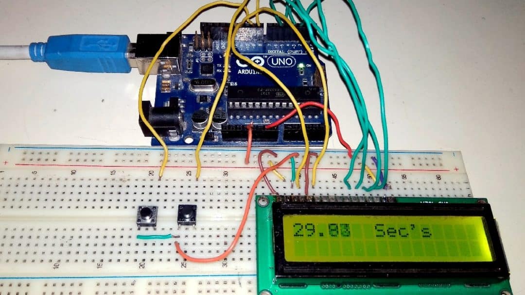 Stopwatch Using Arduino & LCD Start Stop Reset Button