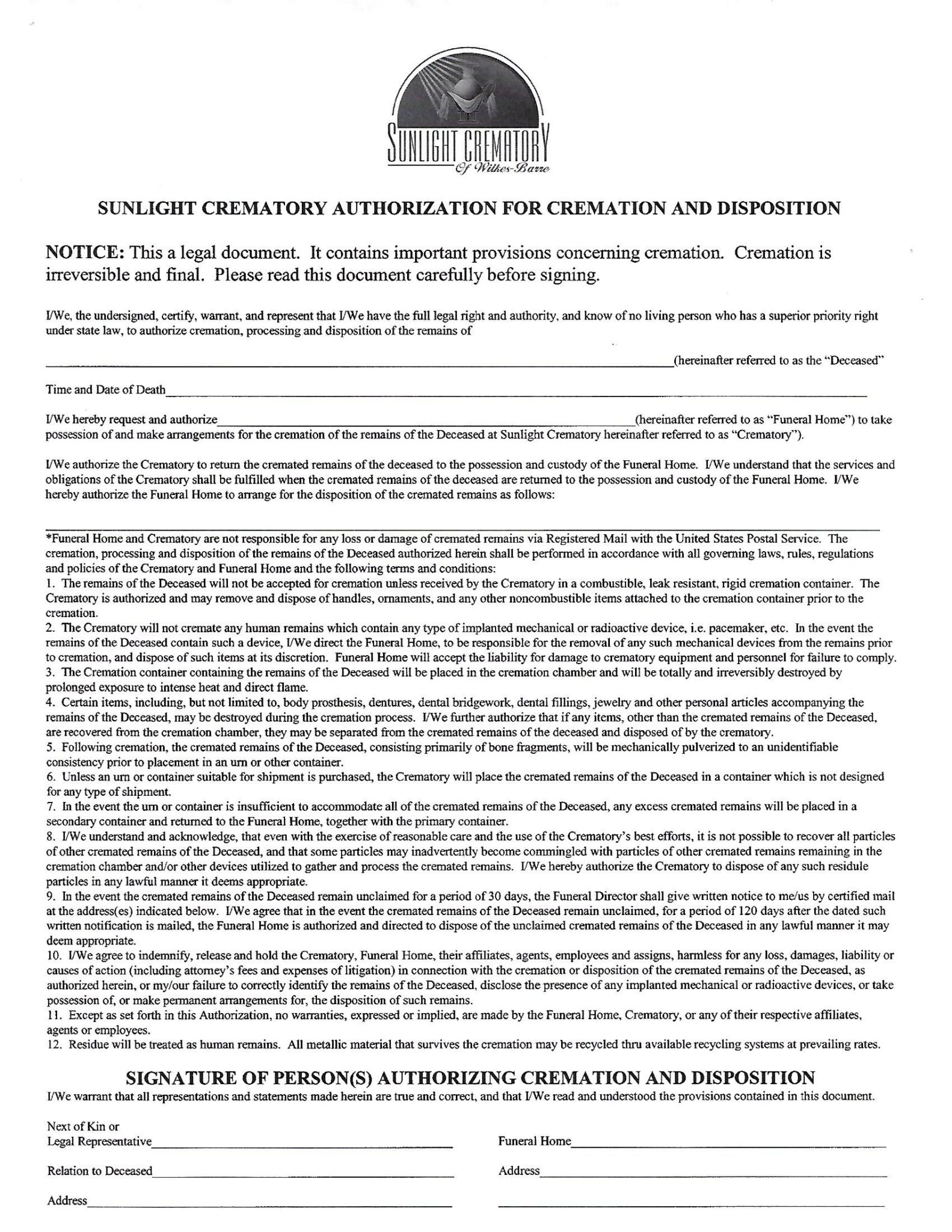 Cremation Authorization Form Howell Lussi Funeral Home