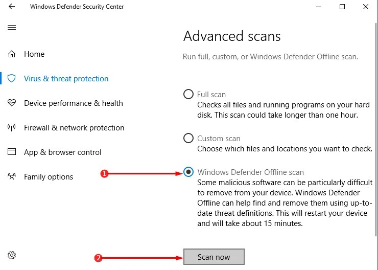 How to Run Offline Scan from Window Defender Security Center in Windows 10