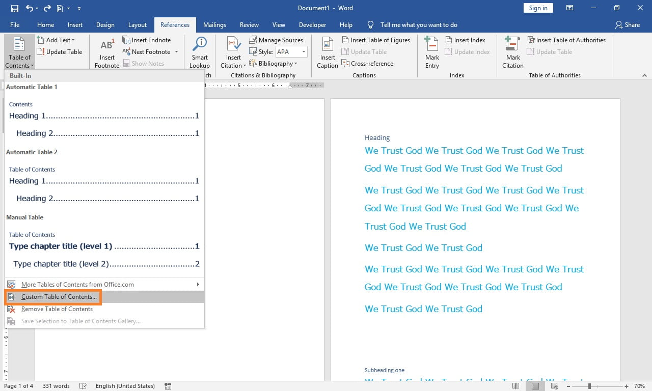 How to Make a Table of Contents in Word 2019