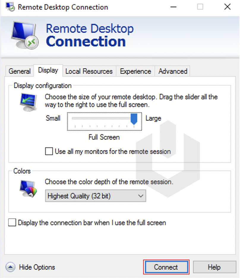 How to unhide/hide the connection bar in Remote Desktop Windows?