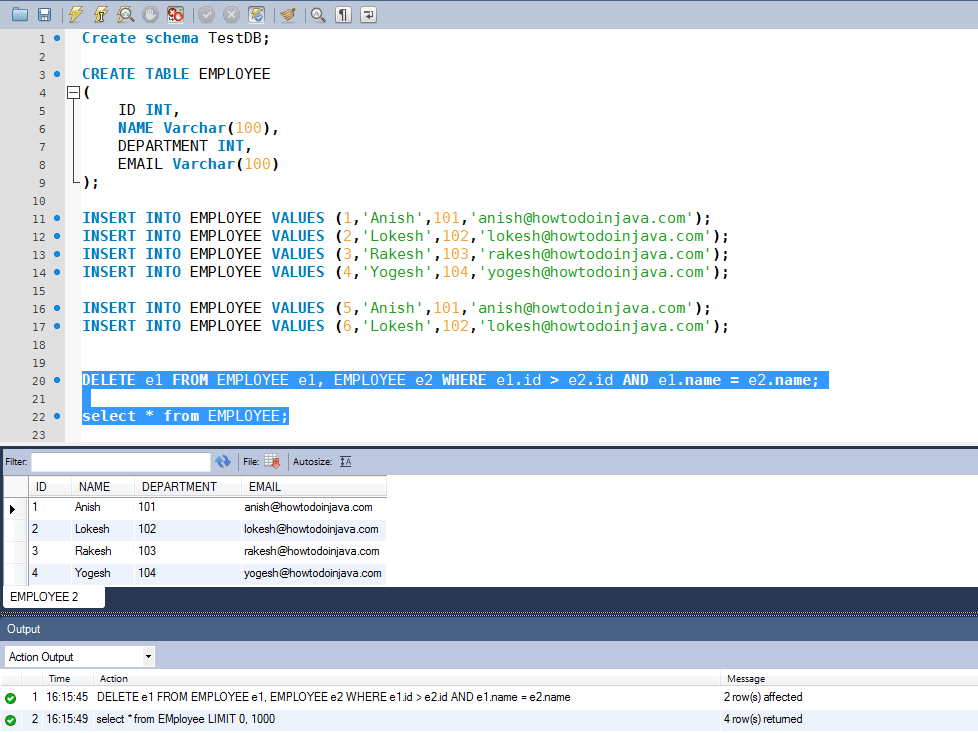 SQL Remove Duplicate Rows without Temporary Table HowToDoInJava