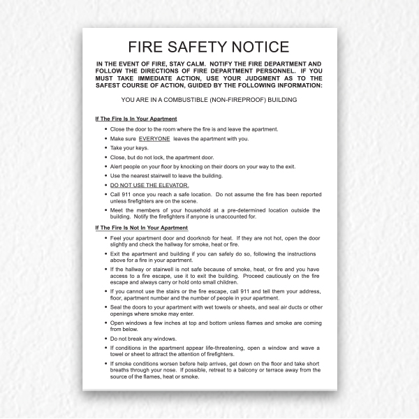 Building Fire Safety Notice HPD Signs NYC