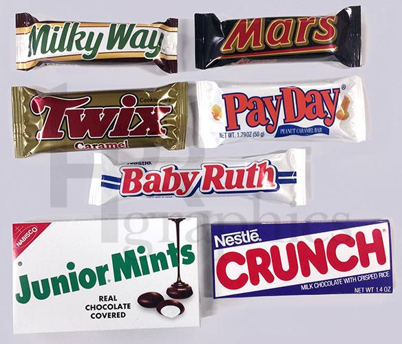 Candy Milky Way, Mars, Twix, PayDay, Baby Ruth, Junior Mints, Crunch
