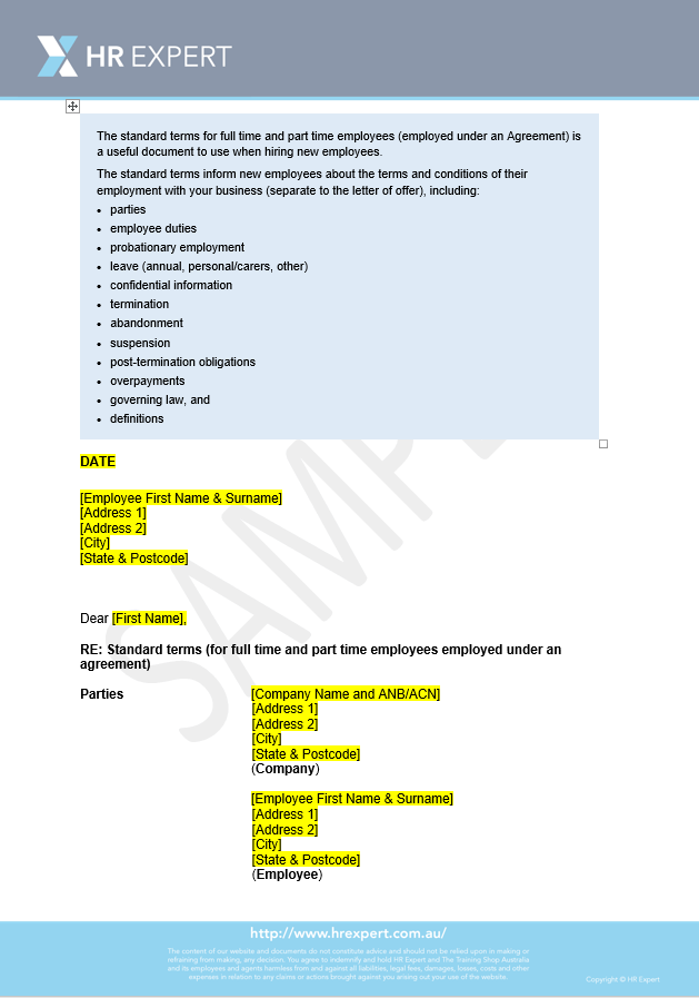 Employment Contract Full Time or Part Time Casual Employee (Award or