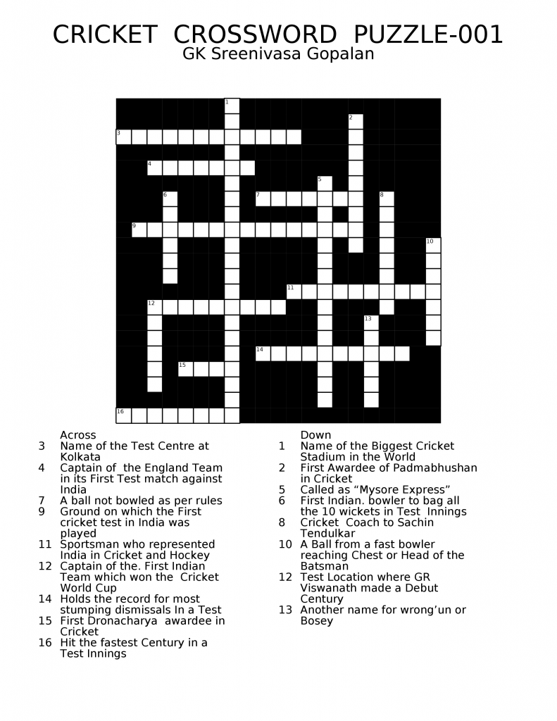 Cricket Crossword Puzzles