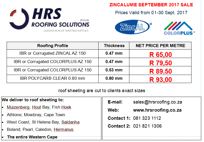IBR ZINCAUME ROOF SHEET PRICES. ROOF SHEETS CAPE TOWN, COLORBOND ROOF