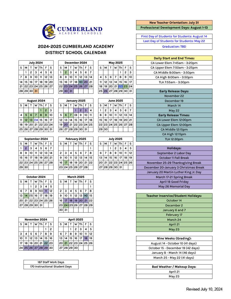 20242025 District School Calendar Cumberland High School