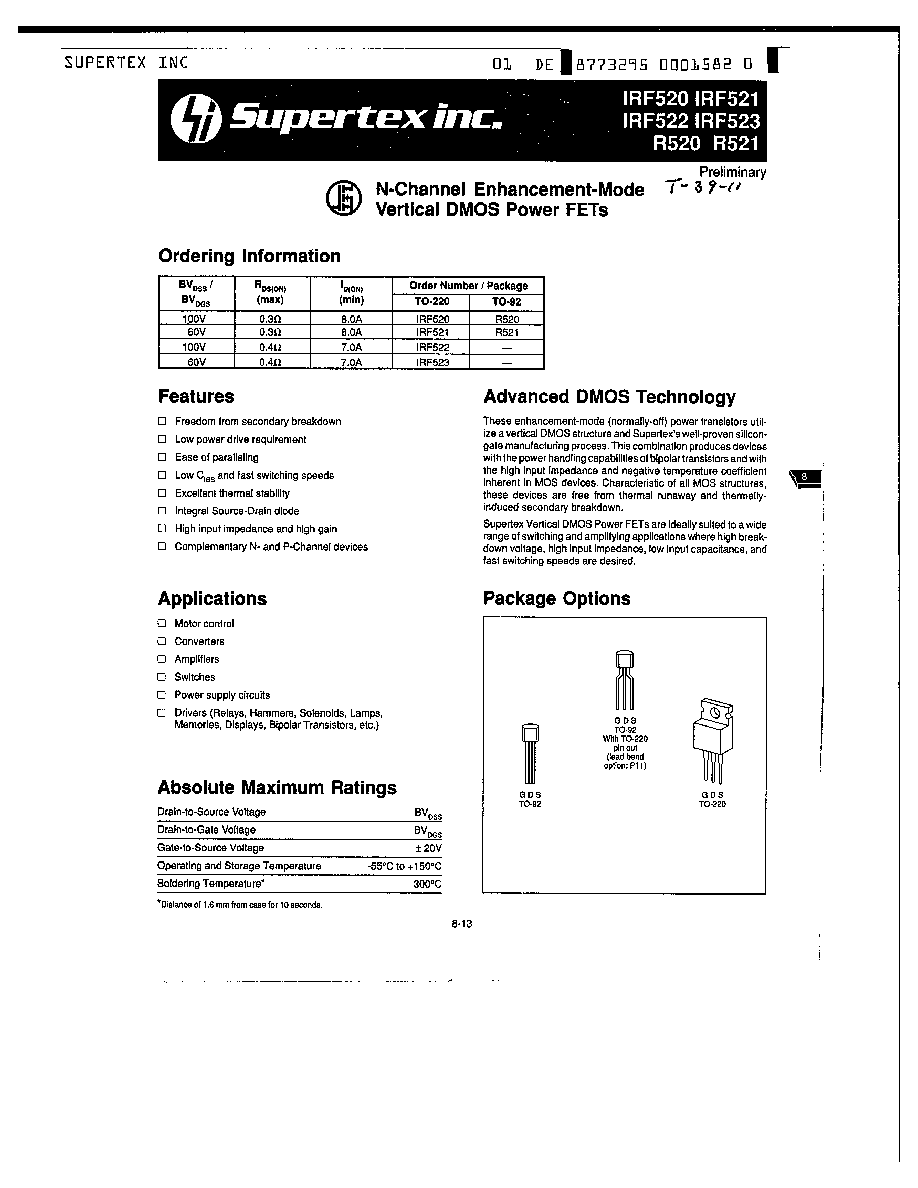 IRF520 datasheet(1/2 Pages) SUTEX N CHANNEL ENHANCEMENT MODE