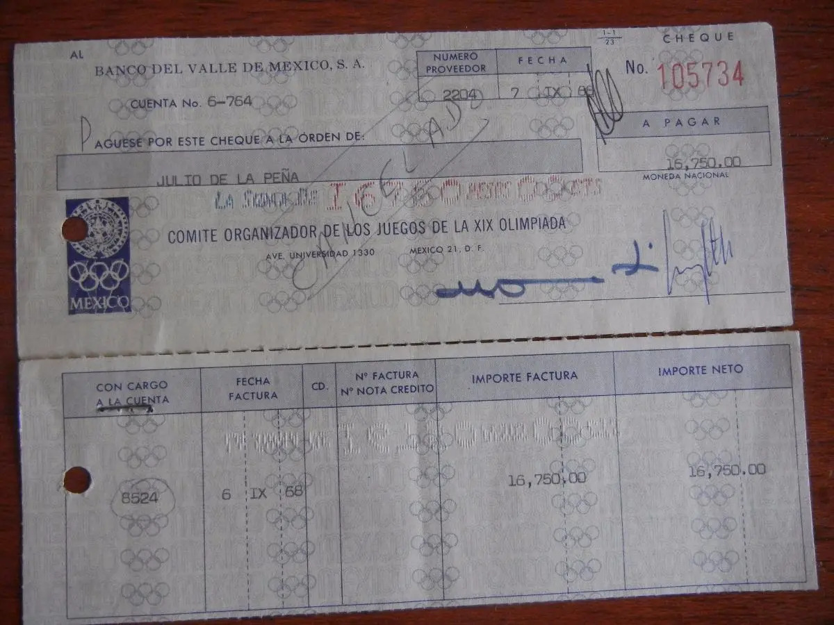 Cheque Del Comité Organizador De Los Juegos Olímpicos 1968