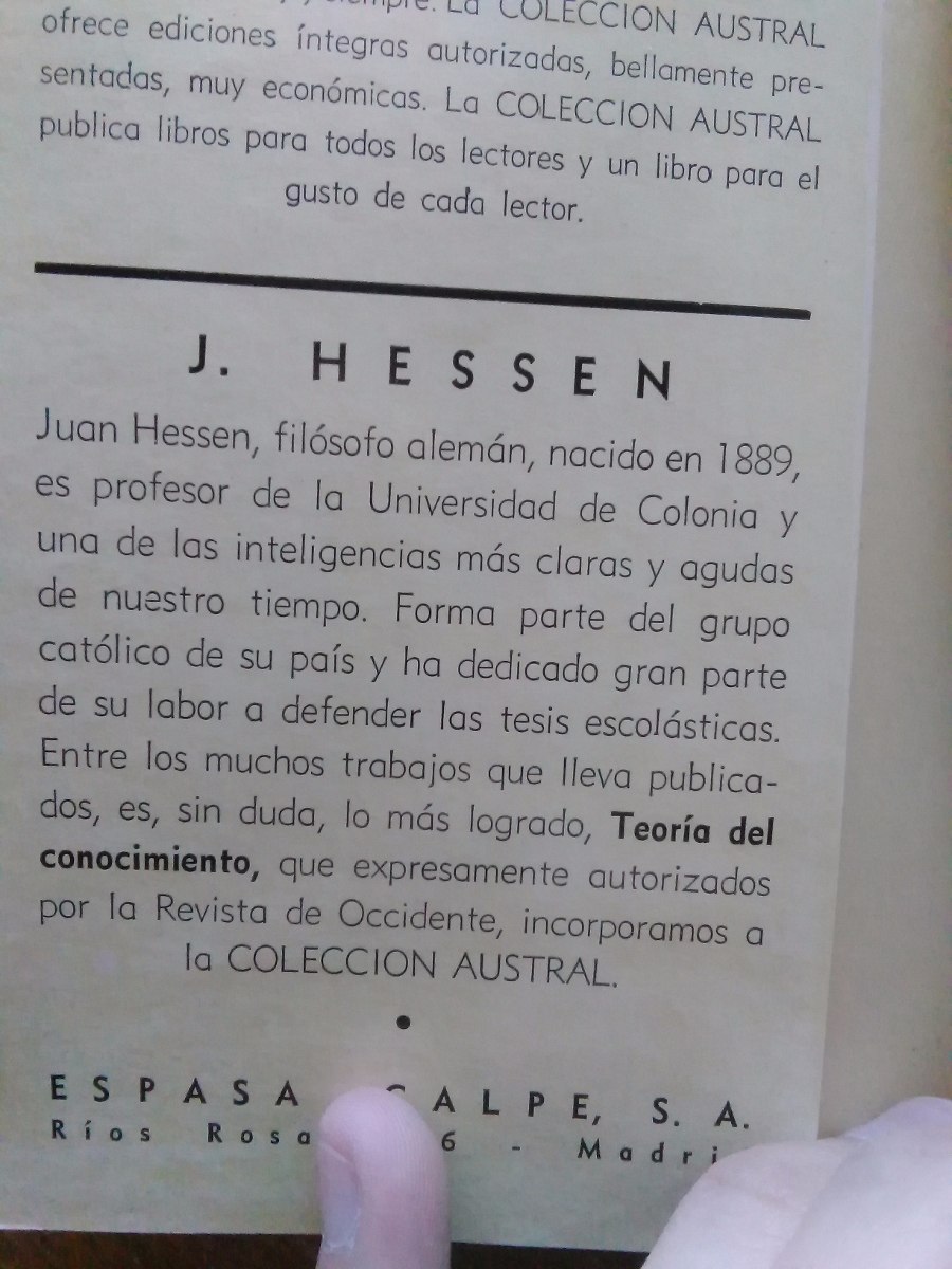 Johannes Hessen Teoría Del Conocimiento. Colección Austral Mercado