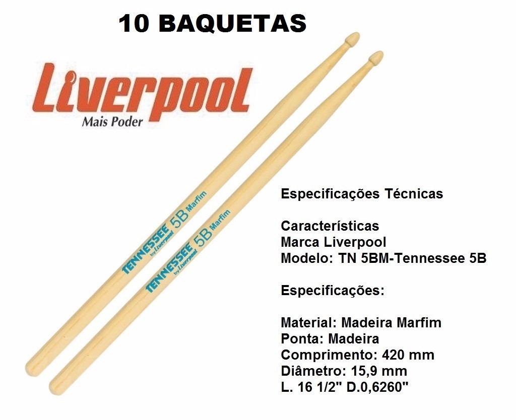 Kit Baqueta 3 Pares Tn 2b + 2 Pares Tn 5b Liverpool Marfim EMPIRE